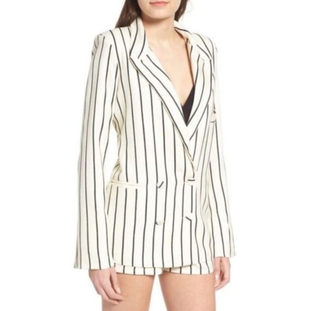 Lovers + Friends Fanning Striped Double-Breasted Blazer Medium Natural Black